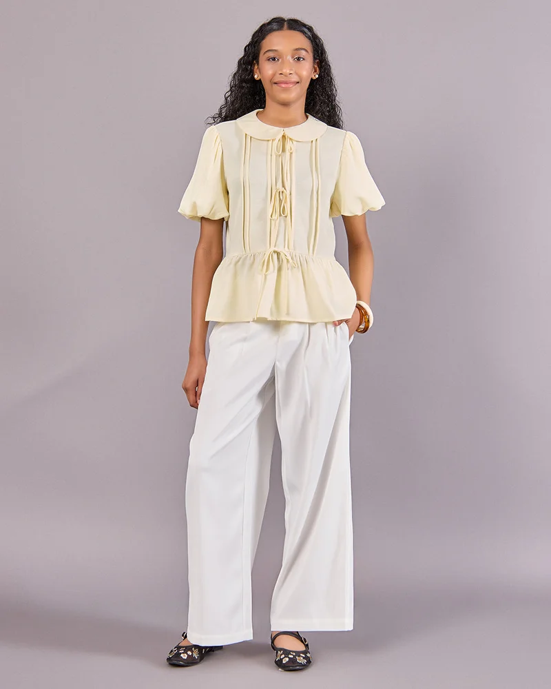 Redtag Senior Girls Yellow Jacquard Peplum Top