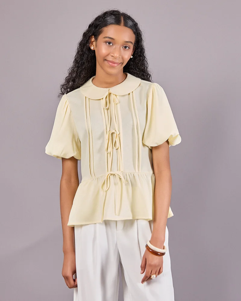 Redtag Senior Girls Yellow Jacquard Peplum Top