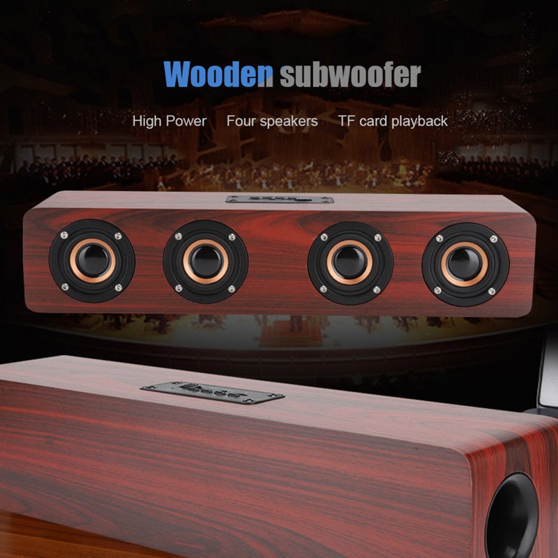 12W W8 Wooden Bluetooth Sound Tyrant TV Speaker Support Plug In Card / FM / Receiving Voice Prompts(Wine Red Wood Grain (English) ) - Image 5