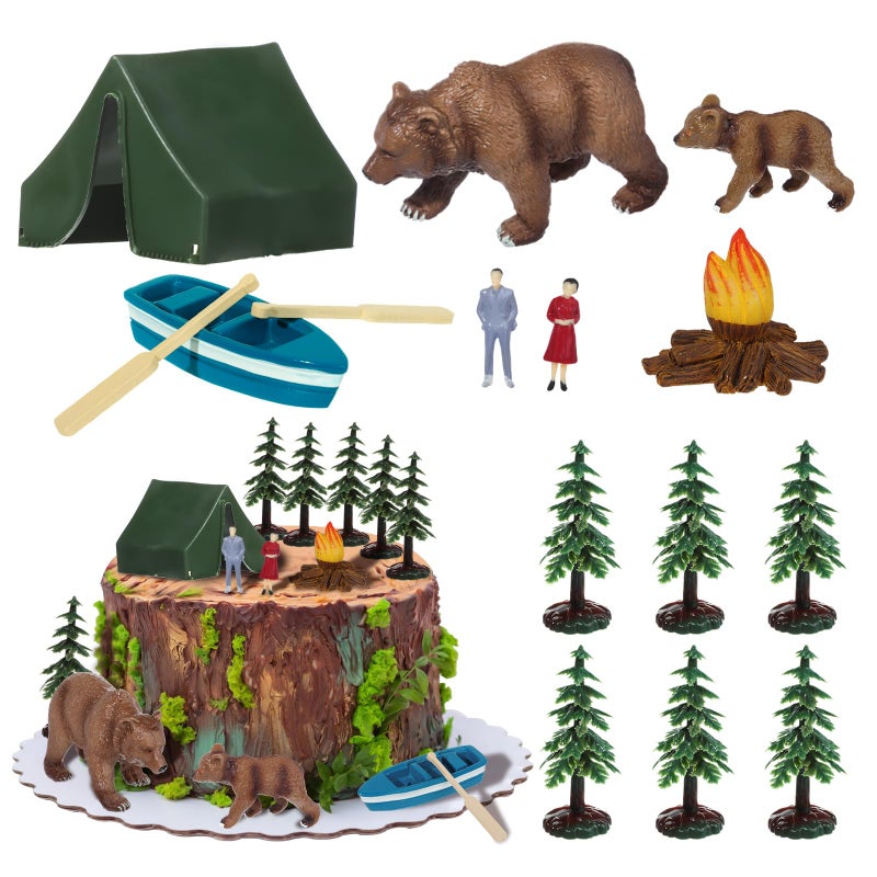 RAYNAG 13 Pieces Camping Cake Topper Camping Party Decoration With Tent Bonfire Tree Bear People Boat Camping Cake Decoration for Kids Adults Camper Forest Woodland Theme Happy Birthday Party Supplies - Image 1