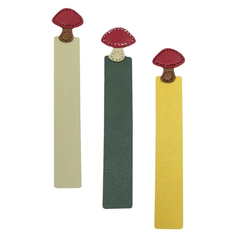 3pcs Artificial Leather Mushroom Bookmarks in Yellow Green Khaki for Reading School Office - Image 2