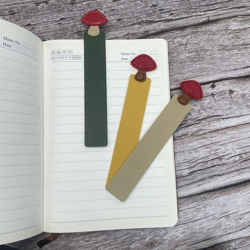 3pcs Artificial Leather Mushroom Bookmarks in Yellow Green Khaki for Reading School Office - Image 5