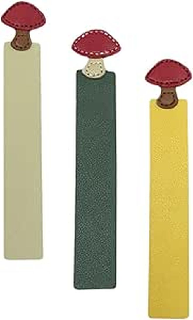 3pcs Artificial Leather Mushroom Bookmarks in Yellow Green Khaki for Reading School Office - Image 1