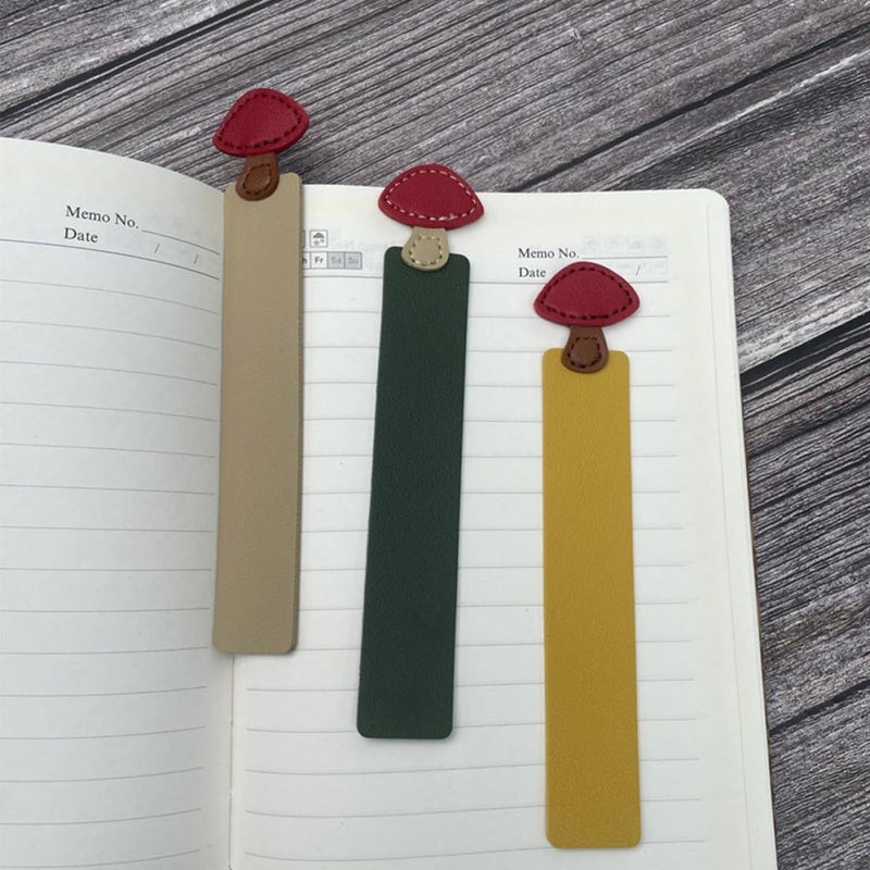 3pcs Artificial Leather Mushroom Bookmarks in Yellow Green Khaki for Reading School Office - Image 4