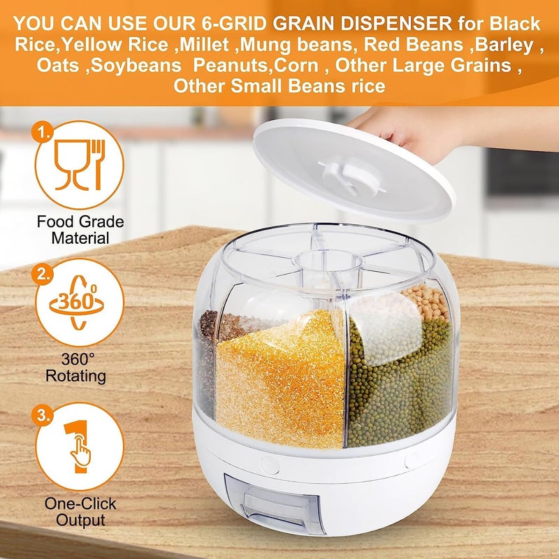 Yagzon Polypropylene Food Grain Storage Container Large Capacity 6Grid Rice Dispenser Rotatable Sealed Grain Food Storage Box Rice Food Fruit Box Kitchen Storage Bucket Home Kitchen White - Image 4
