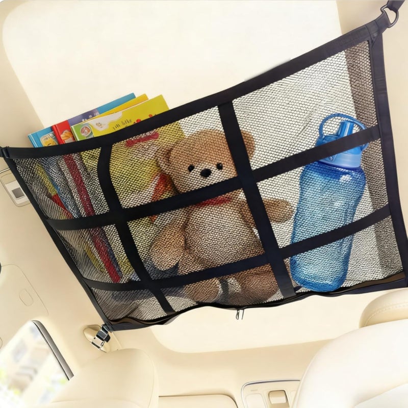 9-Grid Car Ceiling Cargo Net, 2023 Double Zipper Design, Car Storage Net with Double Layer Mesh, Adjustable Straps, Save Space, 30.7 x 20.9 in / 78 x 53 cm - Image 2