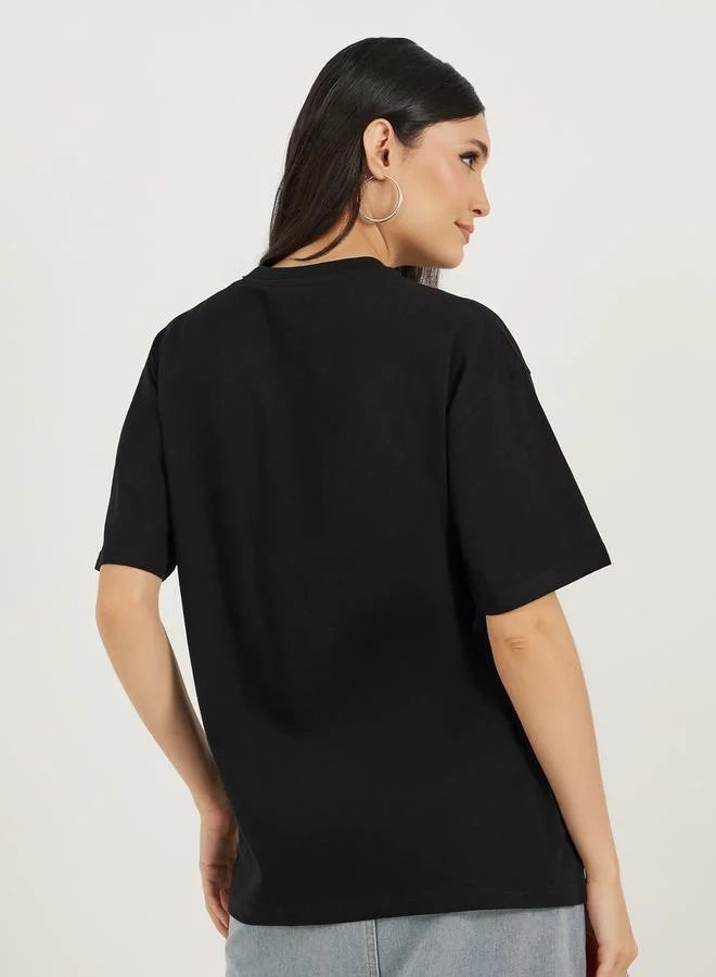 ستايلي Oversized Rhinestone Embellished Slogan T-Shirtâ€‹