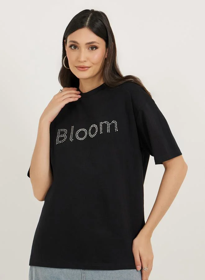 ستايلي Oversized Rhinestone Embellished Slogan T-Shirtâ€‹