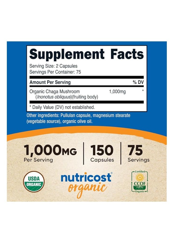 كبسولات فطر تشاجا العضوية 1000 مجم، 150 كبسولة، 75 حصة - Image 2