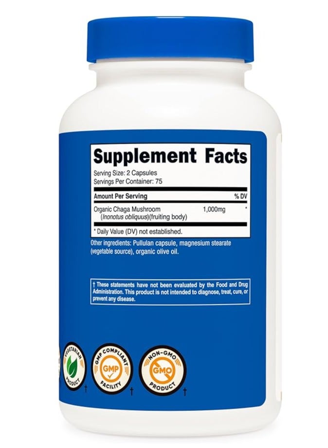 كبسولات فطر تشاجا العضوية 1000 مجم، 150 كبسولة، 75 حصة - Image 3