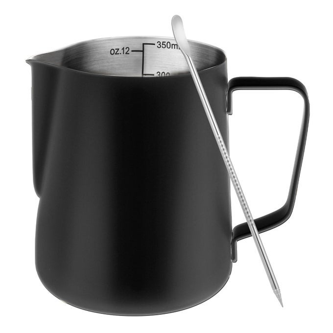 MILK FROTHING PITCHER 12OZ MILK FROTHER CUP WITH CLEAR SCALE 304 STAINLESS STEEL CAPPUCCINO ESPRESSO MACHINE ACCESSORIES FOR BARISTA COFFEE BAR WITH LATTE ART PEN BLACK
