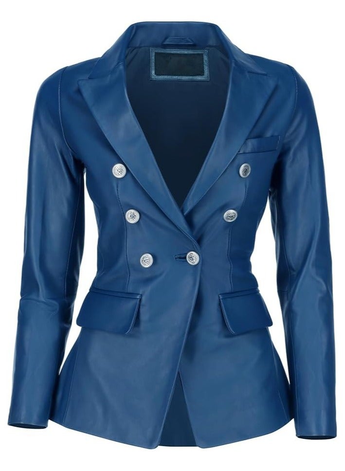 Women's Blue Leather Blazer with Luxe Silver Buttons and Single-Button Closure  - Image 1