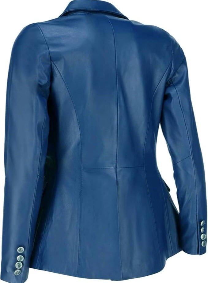 Women's Blue Leather Blazer with Luxe Silver Buttons and Single-Button Closure  - Image 2