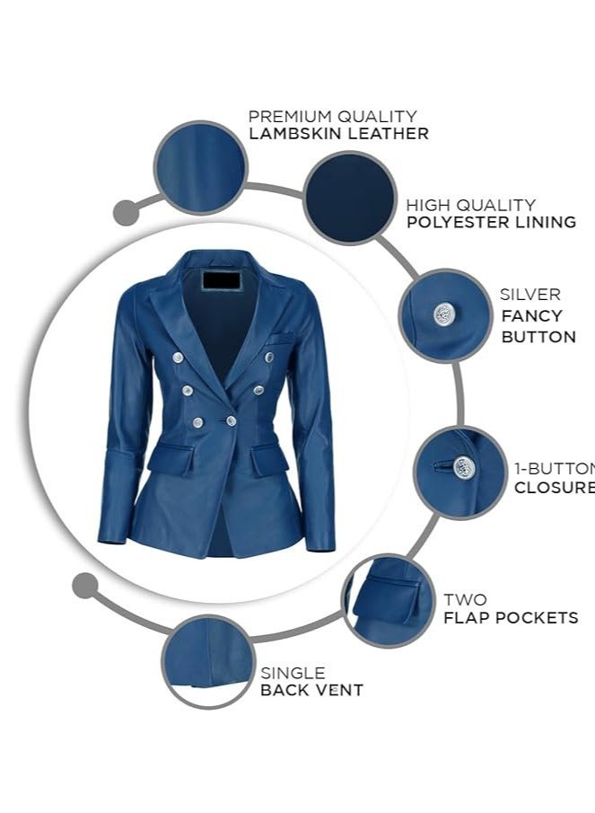 Women's Blue Leather Blazer with Luxe Silver Buttons and Single-Button Closure  - Image 3
