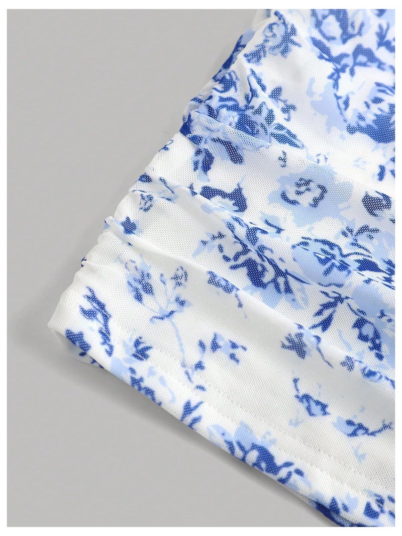Floerns Girl's Floral Print Spaghetti Strap Bodycon Dress Mesh Ruched Cami Mini Dress Blue 10Y - Image 5