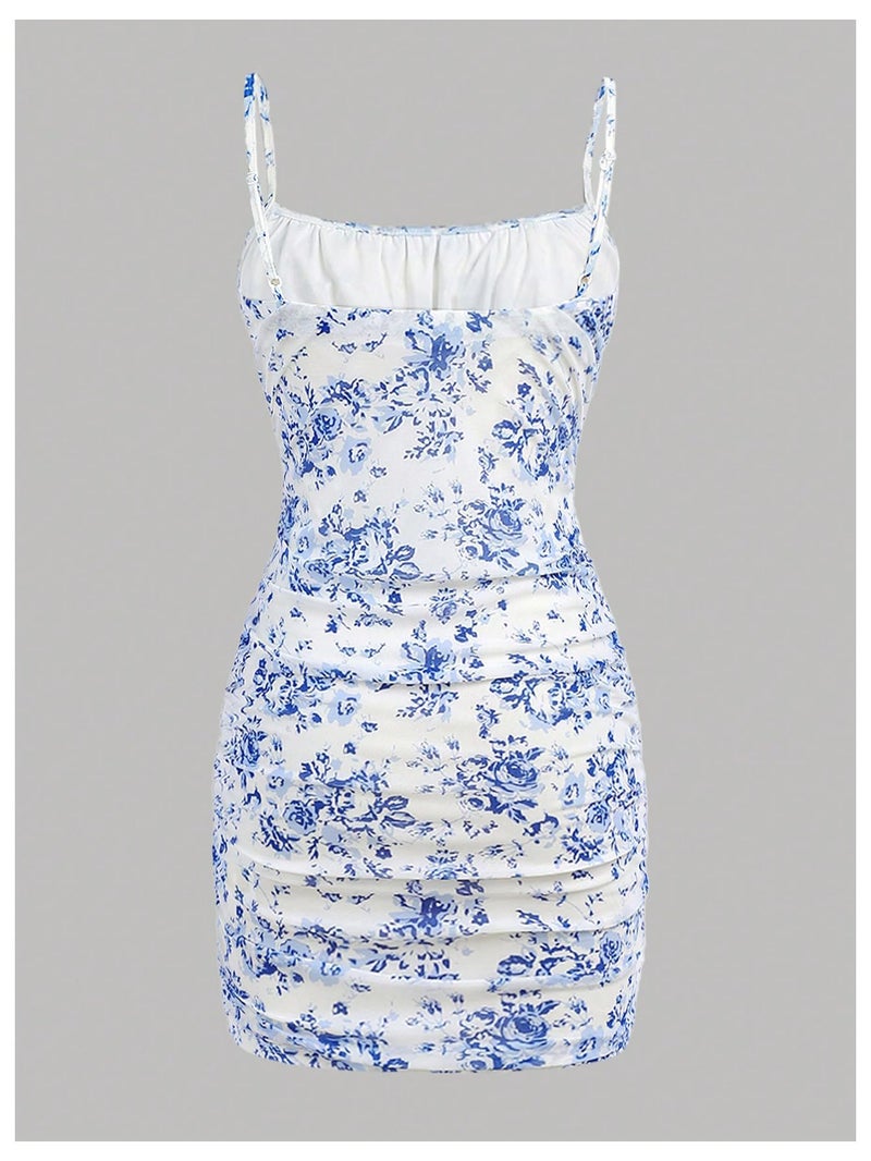 Floerns Girl's Floral Print Spaghetti Strap Bodycon Dress Mesh Ruched Cami Mini Dress Blue 10Y - Image 2