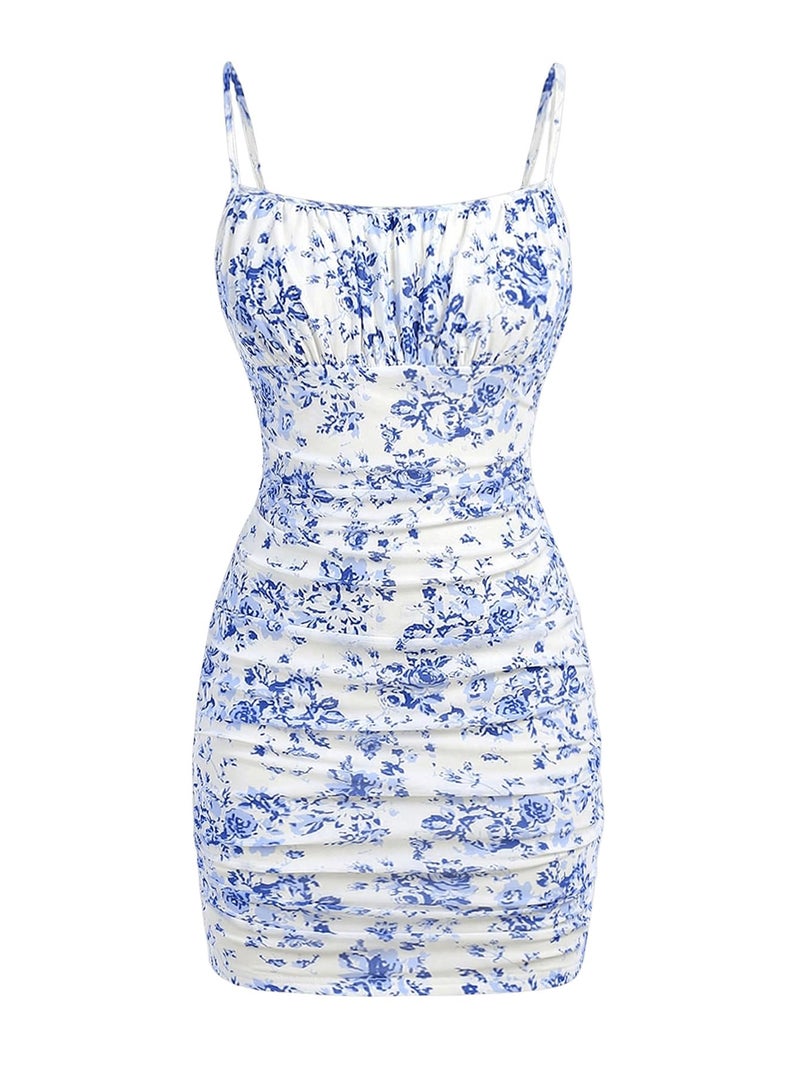 Floerns Girl's Floral Print Spaghetti Strap Bodycon Dress Mesh Ruched Cami Mini Dress Blue 10Y - Image 1