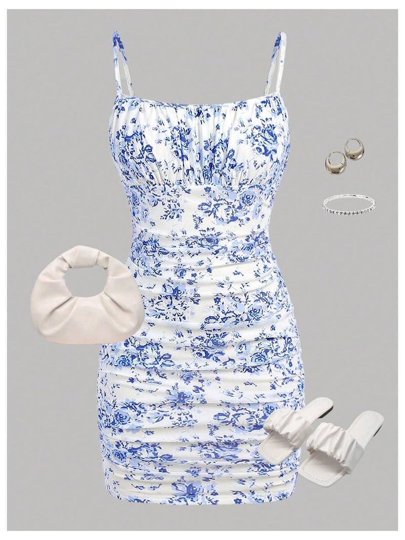 Floerns Girl's Floral Print Spaghetti Strap Bodycon Dress Mesh Ruched Cami Mini Dress Blue 10Y - Image 3