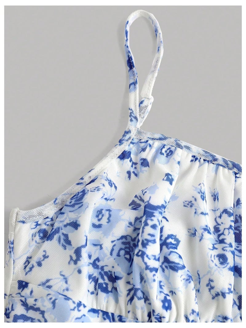 Floerns Girl's Floral Print Spaghetti Strap Bodycon Dress Mesh Ruched Cami Mini Dress Blue 10Y - Image 4