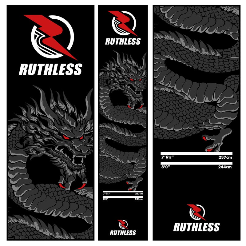 RUTHLESS | Darts Mat | Heavy Duty Antiâ€‘Slip Carpet Dartboard Throw Line Mat for Floor Protection | Black with Dragon Print. - Image 1