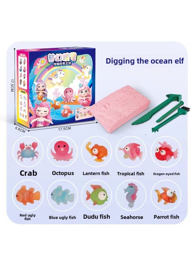 Archaeological Digging Toy Dinosaur Fossil Treasure Hunt Mermaid Children Gem DIY Handmade Archaeological Gem-Color:Digging Wizard-A Ocean Wizard + Tool Set Of 3 + Glue  - Image 1