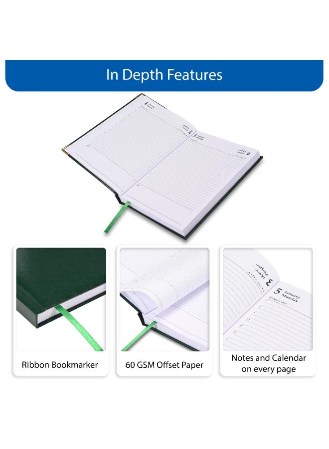 FIS 2026 A5 Diary, 148x210mm Size, 1 Side Padded Vinyl Cover, 1 Day a Page Format, Golden Corners, 60gsm White Paper, English/Arabic, Green Cover-FSDI22AE26GR - Image 5