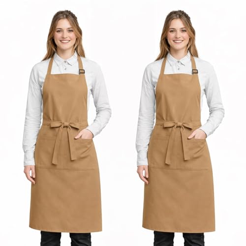 CRASOME Kitchen Apron for Men & Women | Unisex Cooking Apron with 2 Front Pockets and Adjustable Straps | Apron for Chef, Hotel, Cafe, Restaurant, Gardening, Workshop (Tan Pack of 2) - Image 1