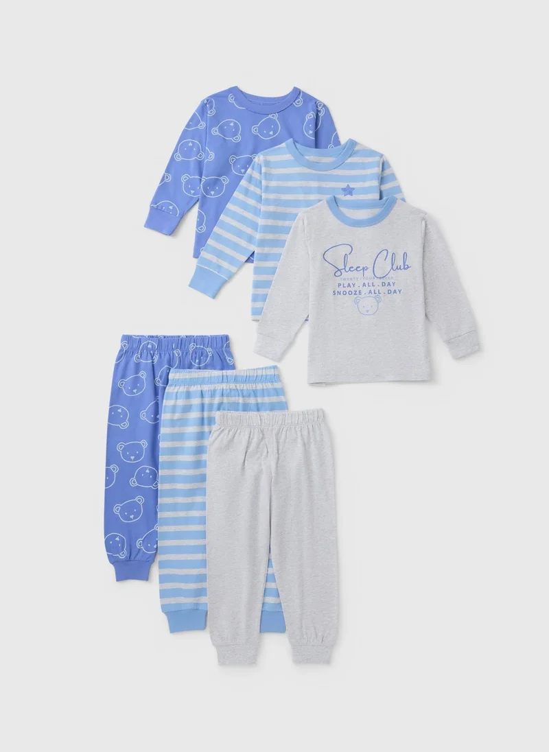 Matalan 3 Pack Boys Blue Bear Stripe Pyjama Sets