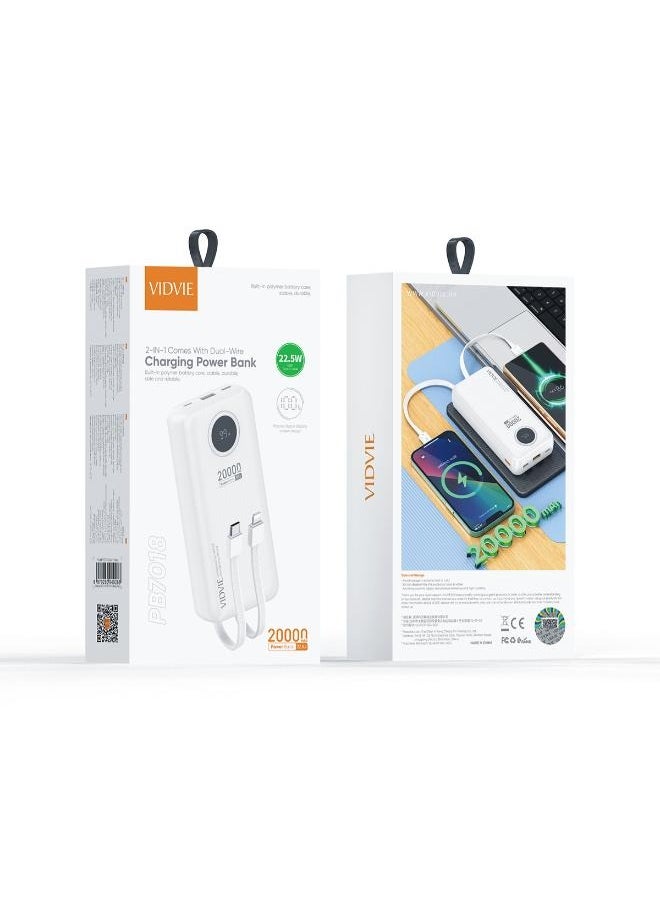 22.5W Power Bank 20000mAh Built-in Type-C and Lightning Cable with USB Port and Type-C Port - White