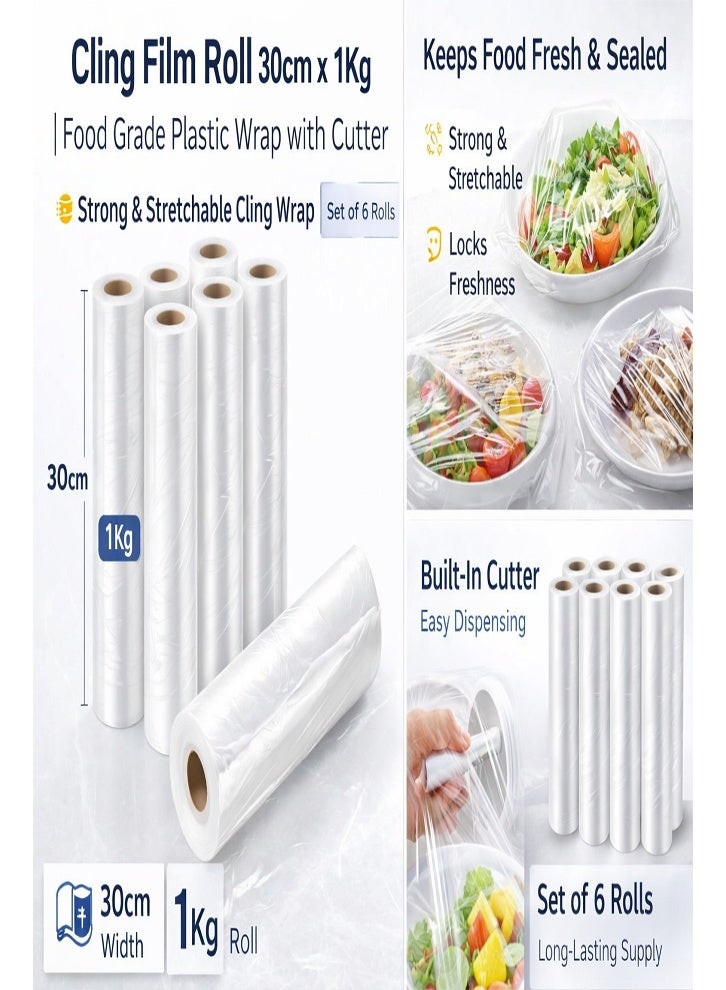 Cling Film Roll 30cm x 1Kg | Food Grade Plastic Wrap with Cutter | Strong & Stretchable Cling Wrap | Set of 6 Rolls - Image 4