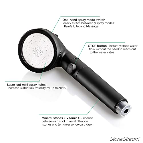StoneStream Original StoneStream® EcoPower High Pressure Matte Black Shower Head - Spa Like Ionic Filter to Soften Water, Increase Pressure & Save Water- Mineral Stones Filter Shower head With 3 Spray Settings - Image 3