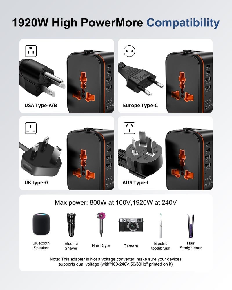rts Universal Travel Adapter, Worldwide Wall Travel Plug, 2 USB C, 2 USB A and 1 Multi AC Outlets Travel Charger, International Power Adapter, European Power Plug for EU UK USA AU, Travel Essentials - Image 3