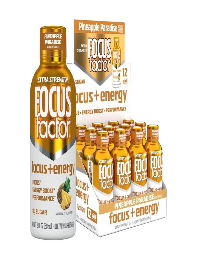 Focus Factor Extra Strength Focus + Energy Shots - 12 x 2oz Bottles (Pineapple Paradise Flavor) - Powered by Nootropics with Caffeine, L-Theanine, Ginkgo, Bacopa, L-Tyrosine, Alpha GPC - Image 1