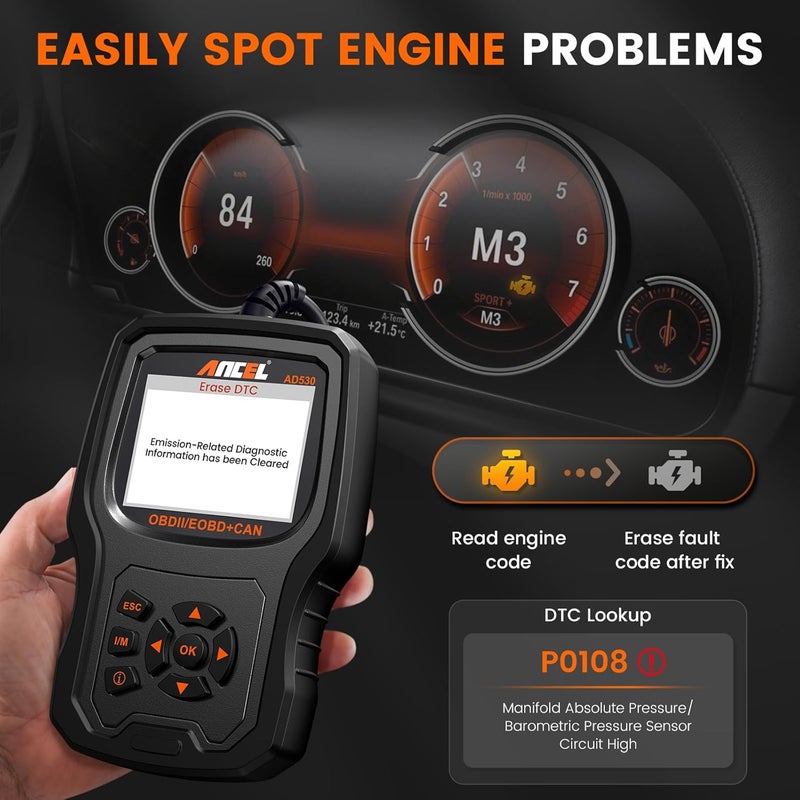 Ancel AD530 OBD2 Scanner-Upgraded AD310, Car Code Reader for Check Engine Light, Full OBDII Scan Tool for Read & Clear Fault Codes, Battery Test & Live Data, OBD II Diagnostic Scanner for 1996+ Cars - Image 3