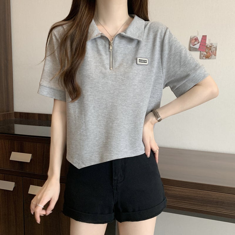 Women's Polo Collar Short Sleeve T-shirt, Loose Fit, Cotton Letter Print - Image 3