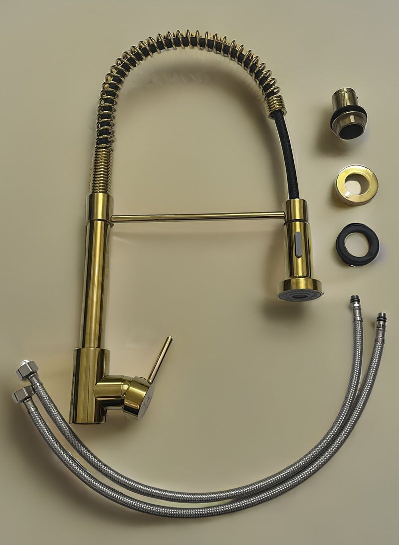 Faucet 360° Rotatable Kitchen Mixer Taps Kitchen Faucet with 2 Spray Types Extendable Spiral Spring Faucet Kitchen Sink Faucet Dishwasher Rotatable Golden - Image 4