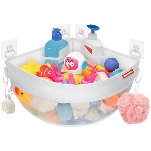 UNEEDE 4.32 Gallons Corner Mounted Bath Toy Storage Holder, Mesh Shower Caddy for Bathtub Organizer, Quick Dry Holder - Image 1