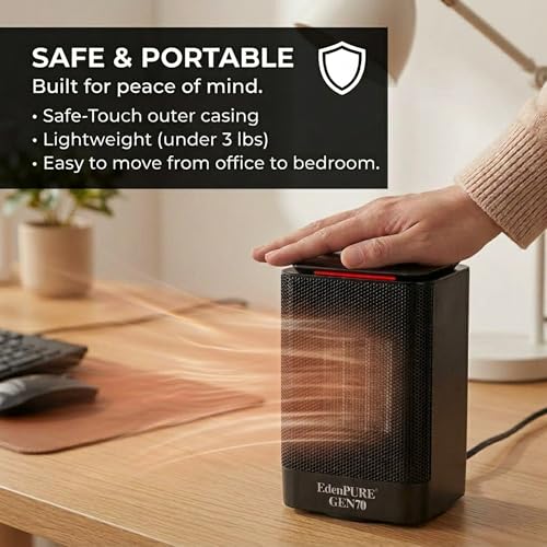 EdenPURE GEN70 Portable Infrared Heater and Cooler – 950W PTC Infrared Heat, Oscillating Swivel Fan, 2 Heat Settings + Cooling - Safe for Pets Kids, Personal Space Compact for Desk, Bedroom or Travel - Image 5