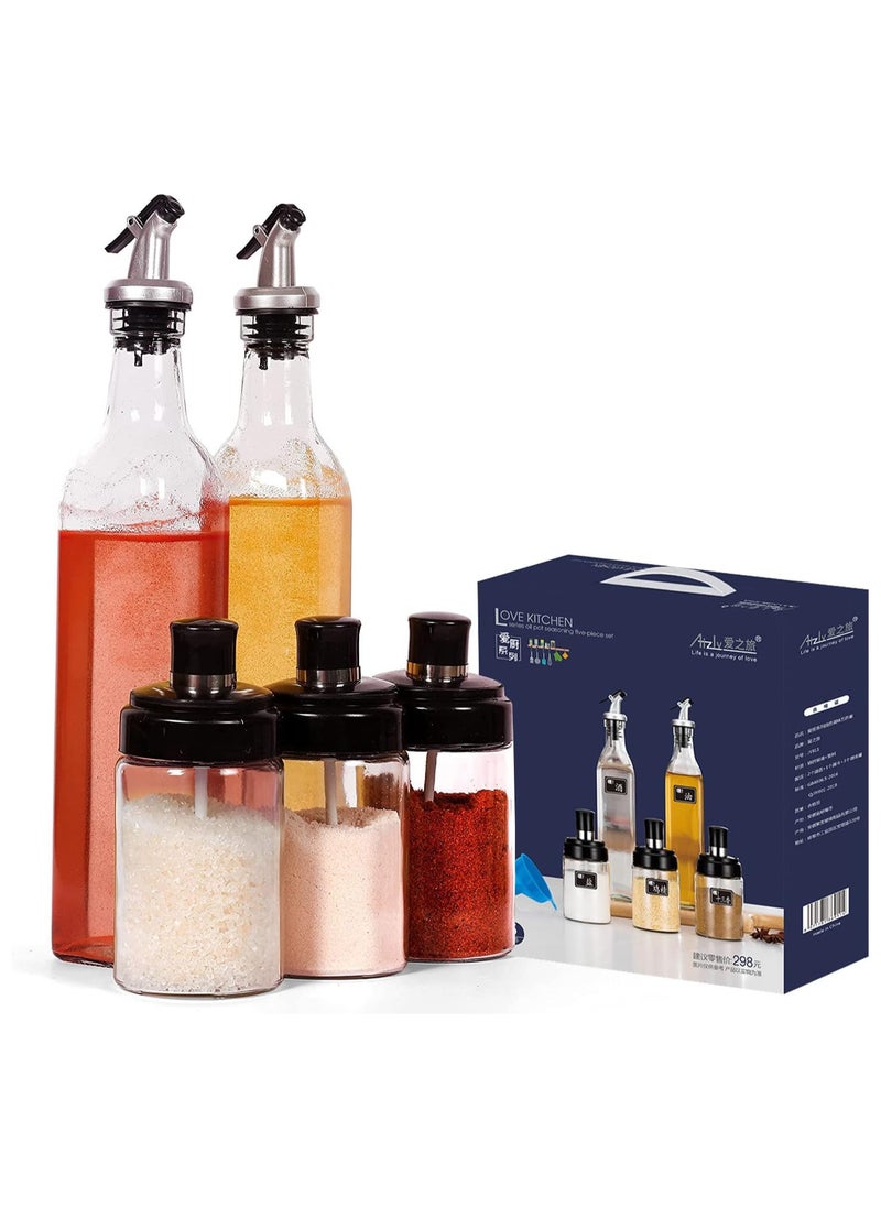 Generic Set of 2 Oil and Vinegar Dispensers with Glass Jars, Spices and Spoons - Set of 5  - Image 1