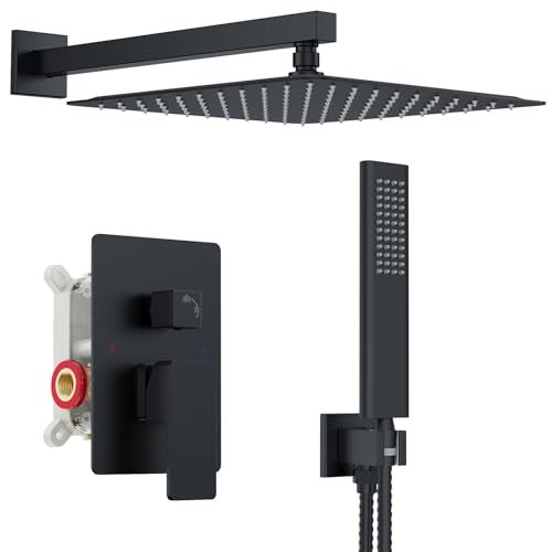 Iriber Shower Set with 12 Inch High Pressure Rain Shower Head and Handheld and Shower Faucet Mixer Valve Modern Shower System Including Pressure Balance Valve Shower Trim Kit for Bathroom,Matte Black - Image 1