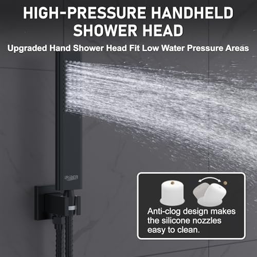 Iriber Shower Set with 12 Inch High Pressure Rain Shower Head and Handheld and Shower Faucet Mixer Valve Modern Shower System Including Pressure Balance Valve Shower Trim Kit for Bathroom,Matte Black - Image 3