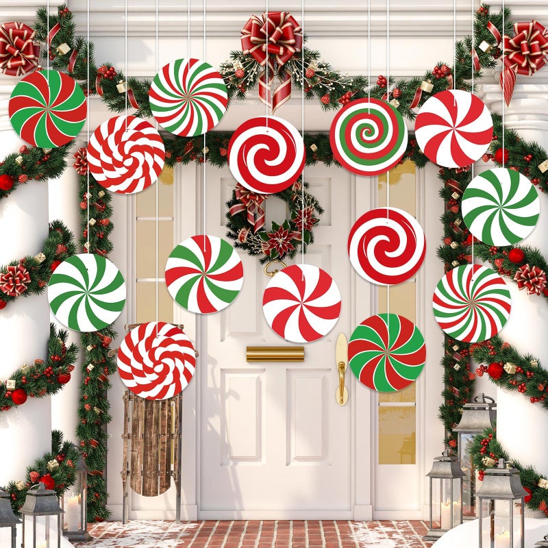 فيرايكل Ferraycle 16 PCS عيد الميلاد الحلي حلوى شنقا مزدوجة النعناع حلوى ديكور الشرفة الشرفة وشجرة الدعائم الحلوى العملاقة لعيد الميلاد منزل مكتب الساحة الحديقة (نمط مصاصة) - Image 2