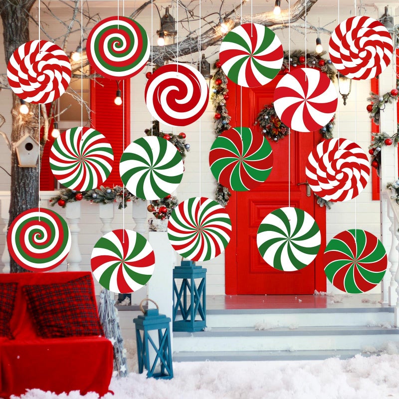 فيرايكل Ferraycle 16 PCS عيد الميلاد الحلي حلوى شنقا مزدوجة النعناع حلوى ديكور الشرفة الشرفة وشجرة الدعائم الحلوى العملاقة لعيد الميلاد منزل مكتب الساحة الحديقة (نمط مصاصة) - Image 1