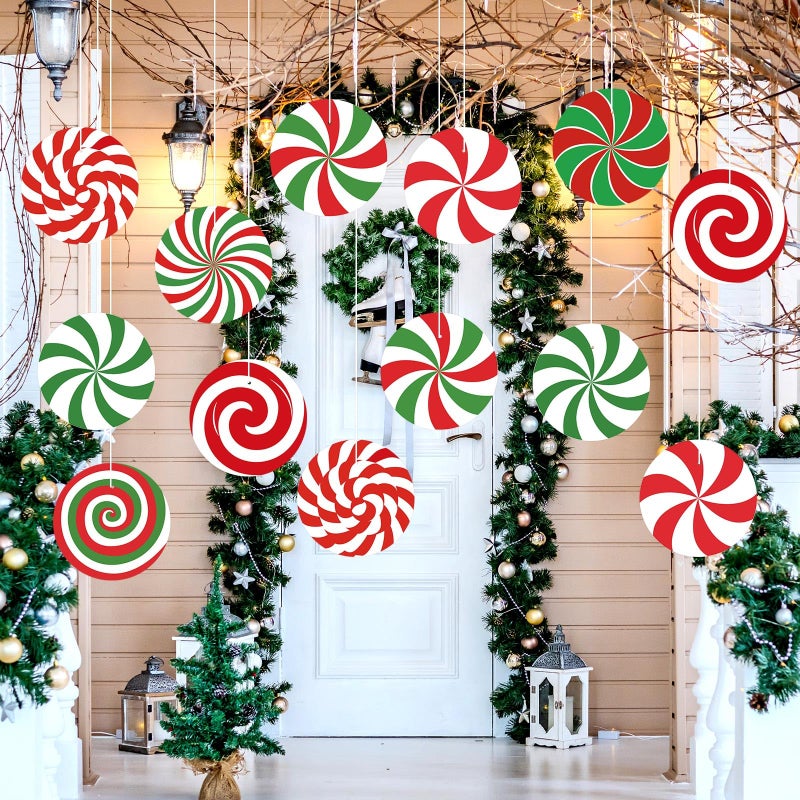 فيرايكل Ferraycle 16 PCS عيد الميلاد الحلي حلوى شنقا مزدوجة النعناع حلوى ديكور الشرفة الشرفة وشجرة الدعائم الحلوى العملاقة لعيد الميلاد منزل مكتب الساحة الحديقة (نمط مصاصة) - Image 4