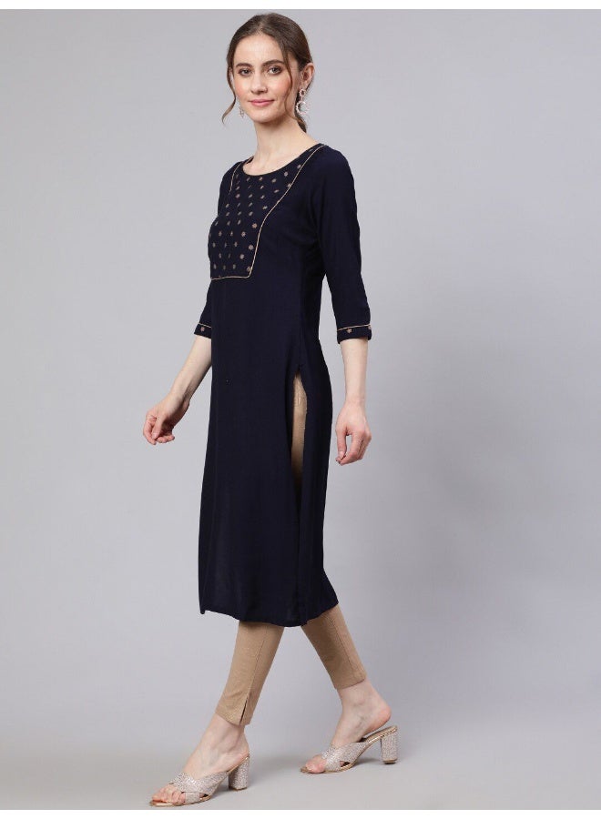 AKS Navy Blue Solid Straight Kurta With Printed Yoke Details - Image 5