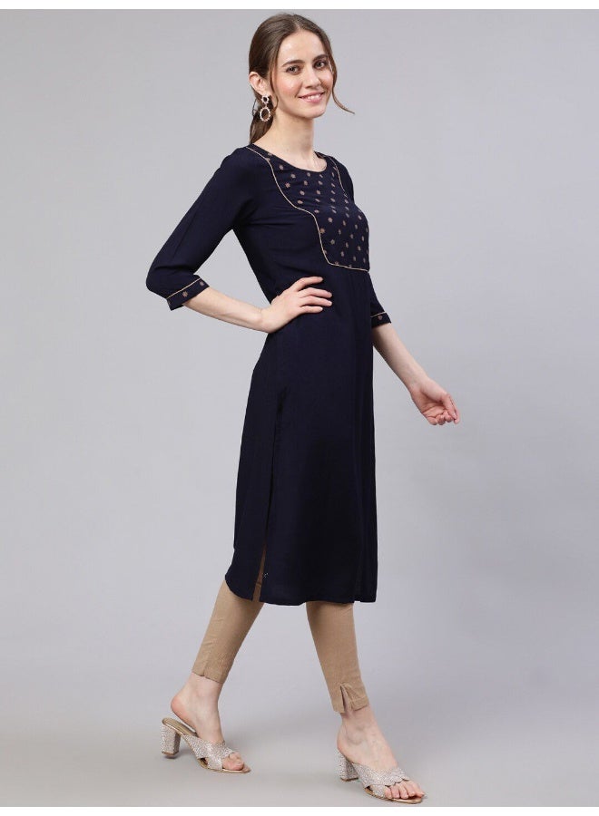 AKS Navy Blue Solid Straight Kurta With Printed Yoke Details - Image 3