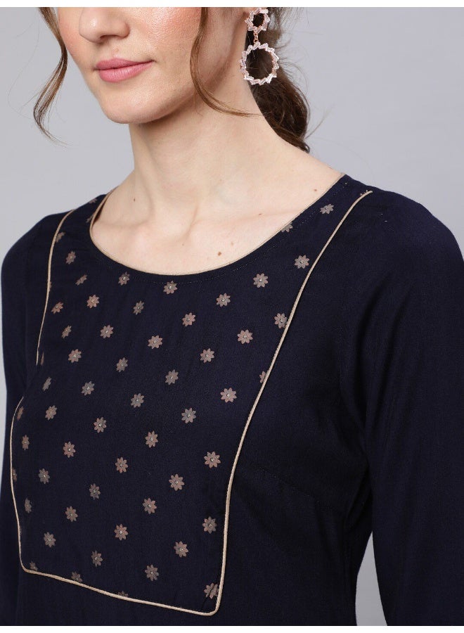 AKS Navy Blue Solid Straight Kurta With Printed Yoke Details - Image 2
