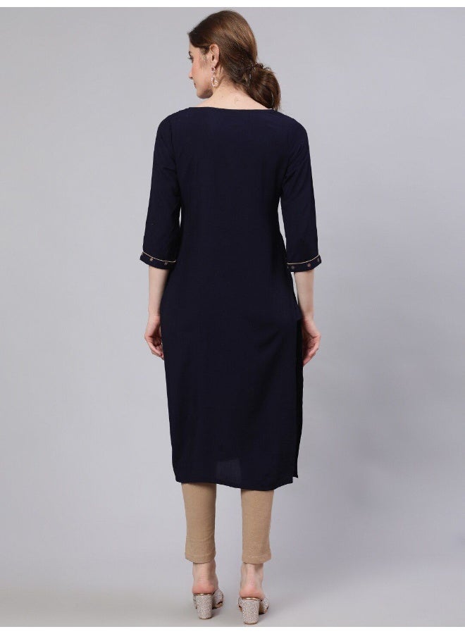 AKS Navy Blue Solid Straight Kurta With Printed Yoke Details - Image 4