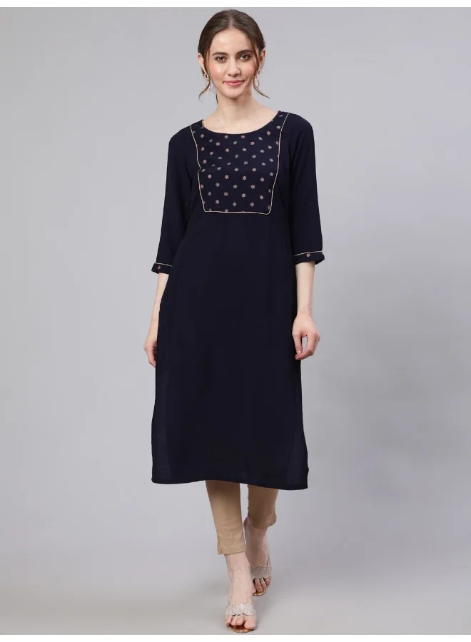 أيه كيه إس Navy Blue Solid Straight Kurta With Printed Yoke Details