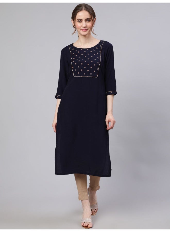 AKS Navy Blue Solid Straight Kurta With Printed Yoke Details - Image 1